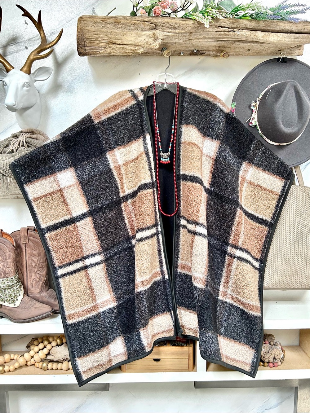 Cozy curly fleece Plaid Open-Front boho Cape w cottagecore prairie western vibe